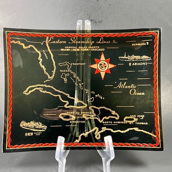 Vtg Eastern Steamship Lines Trinket Candy Tray Glass Bahama Star SS Ariadne - Picture 2 of 12